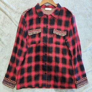 Altar'd State Womens Red Black Fair Isle Trimmed Button Up Shirt Size M Western